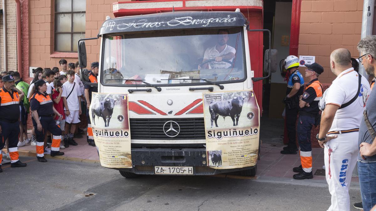 El camión que ha transportado a Siguiñuelo desde la localidad cacereña de Peraleda de la Mata entrando en los toriles benaventanos.