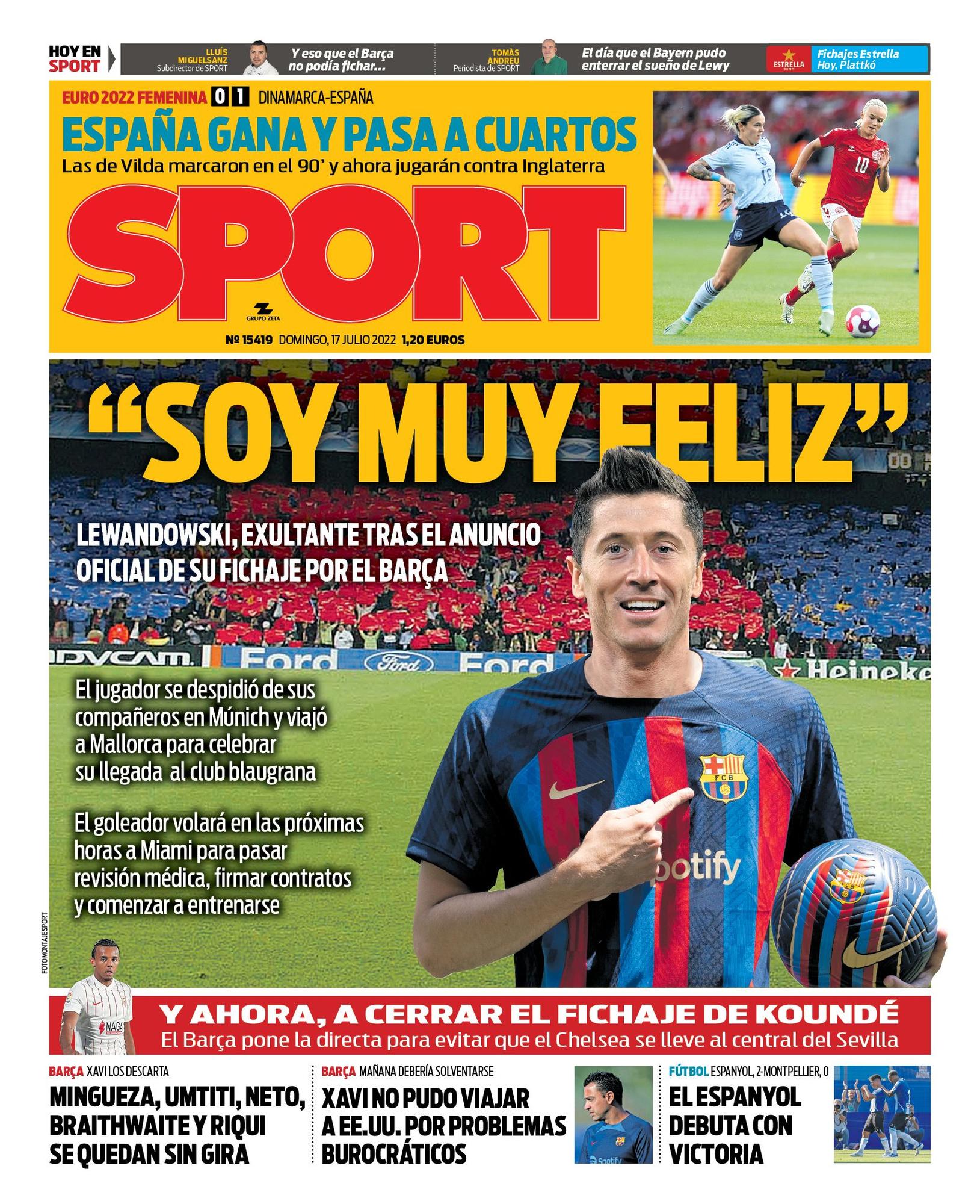 Esta es la portada de SPORT, hoy sábado 16 de julio