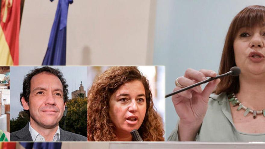 Armengol anunciando los cambios. En la imagen de la izquierda, los nuevos consellers Ruth Mateu, Marc Pons y Pilar Costa.