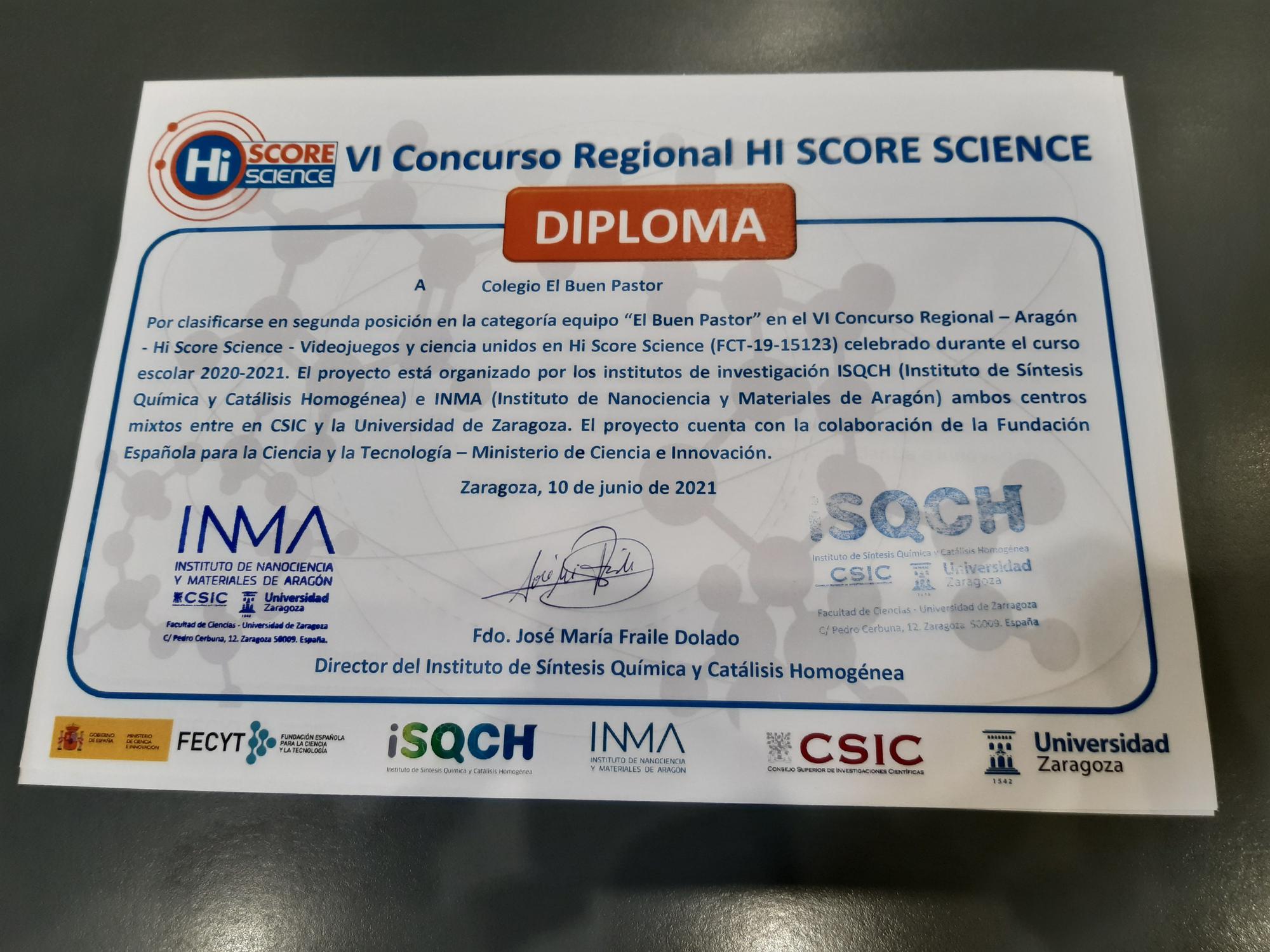 Uno de los diplomas del concurso organizado por los centros de investigación INMA e ISQCH del CSIF y la Universidad de Zaragoza.