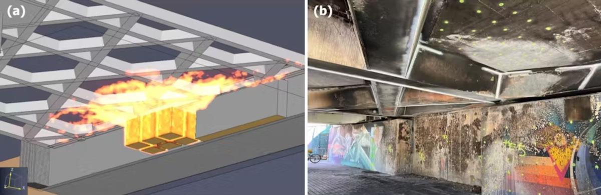 Incendio en el puente de las Flores: (a) resultados del modelo de incendio mostrando la extensión de las llamas tras 6 minutos de incendio, (b) vista inferior del tablero tras el incendio. Las zonas claras en la imagen (b) recibieron un impacto directo de las llamas que impidió el depósito de hollín. El modelo aproxima lo observado en la realidad.