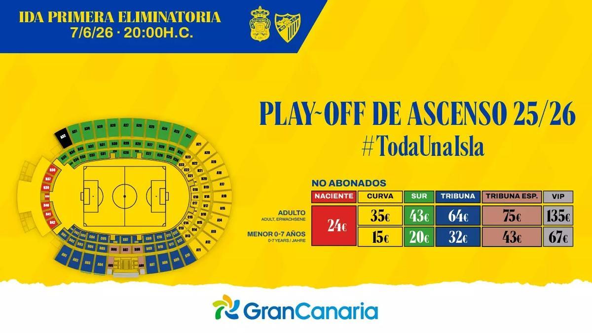 Precios de las entradas para el UD Las Palmas-Málaga del playoff.