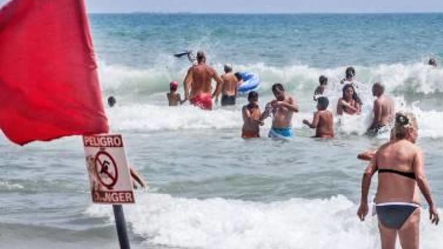 Un nutrido grupo de bañistas, dentro de la playa de Guardamar en un día de este verano, pese a la presencia de bandera roja en la misma orilla.