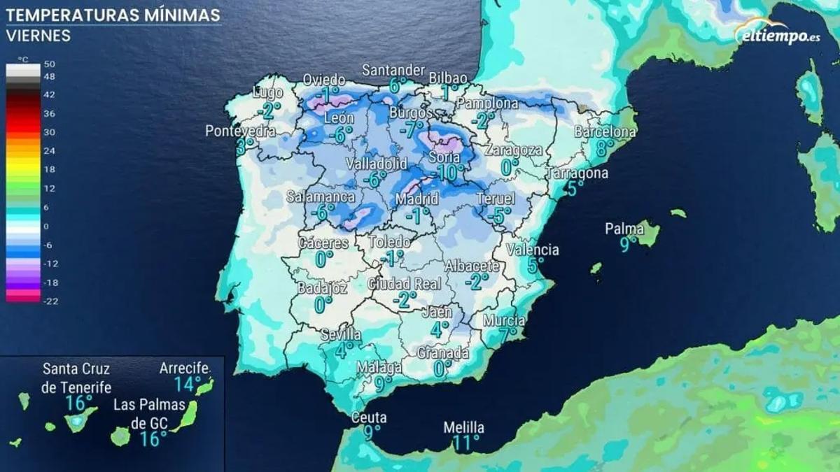 Mínimas previstas para este viernes, según eltiempo.es