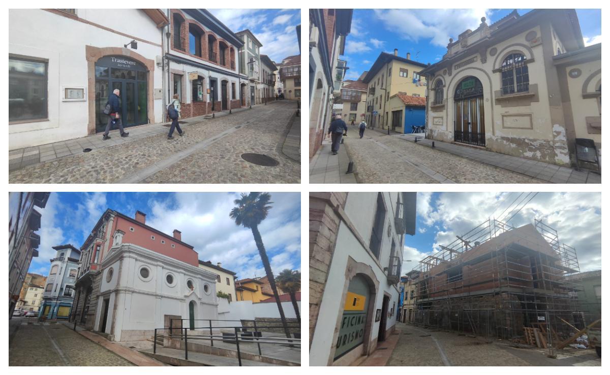 Equipamientos de la calle Eduardo Sierra. Arriba, local del Trastévere y de la pescadería municipal. Debajo, la capilla del Fontela, el palacio y sus obras de ampliación.