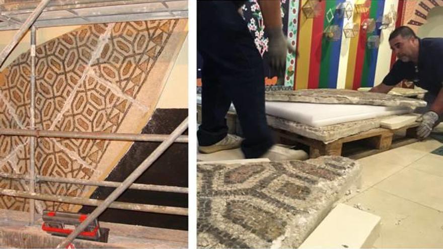 Los trabajos de desmontaje previos al traslado del mosaico romano desde Petrer al Marq.