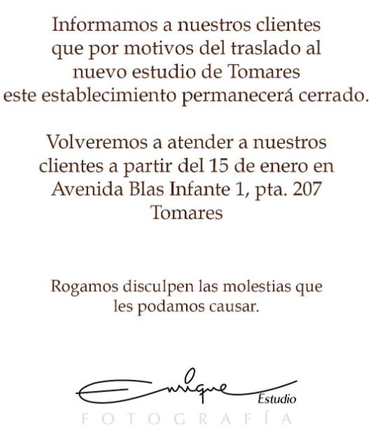 Mensaje del estudio de fotografía Enrique de la calle Rioja al mudarse a Tomares