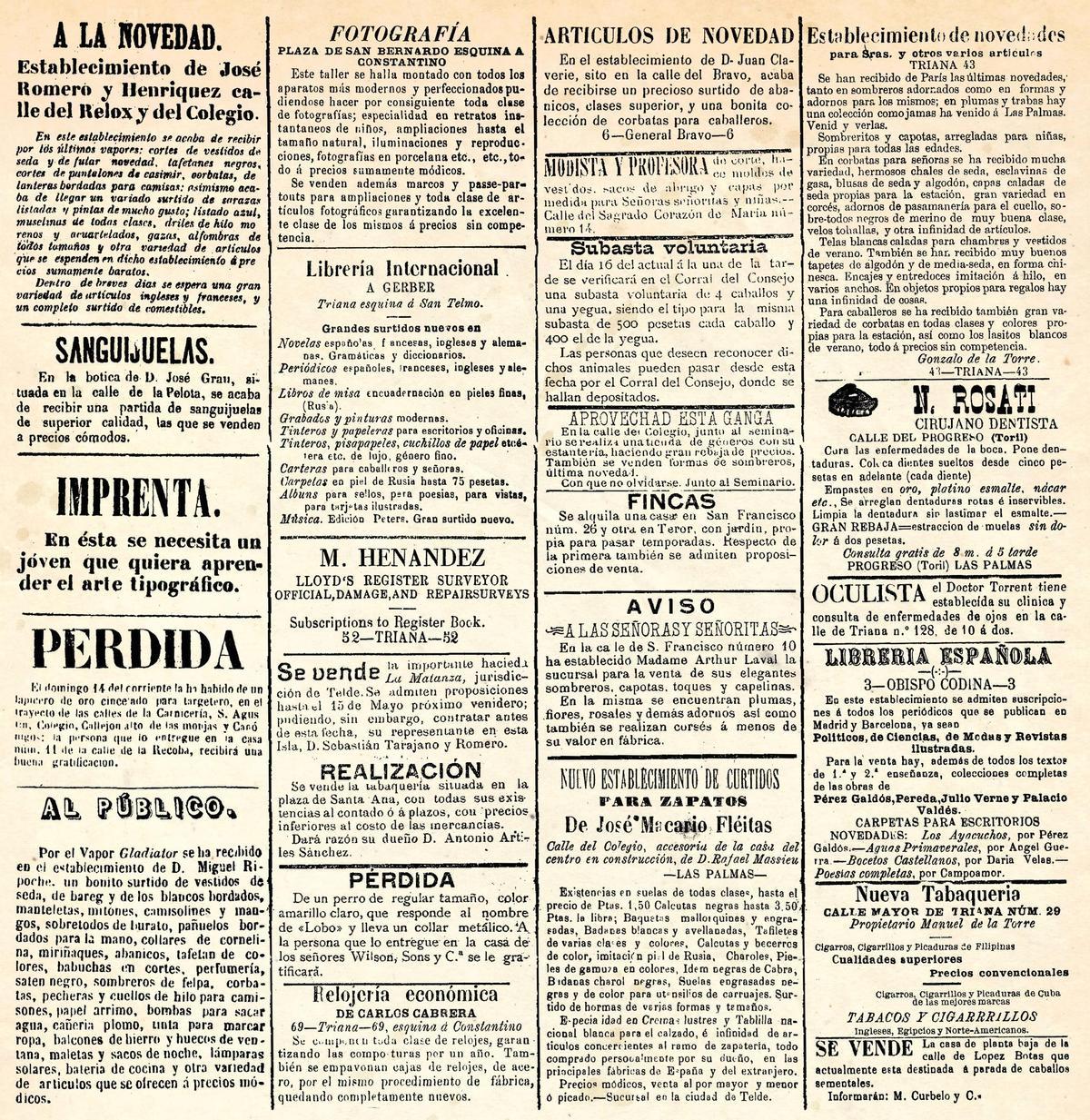 Una página de anuncios del ‘Diario Las Palmas’ recogida en el libro de Reguera.