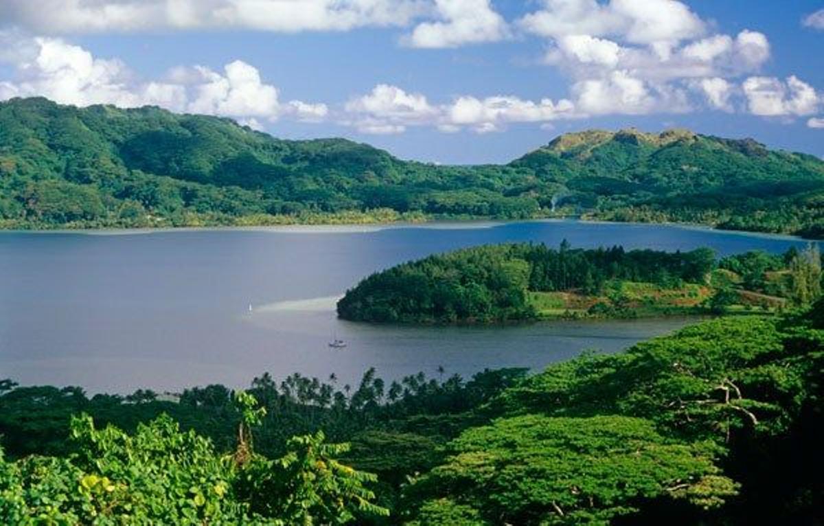 Zona boscosa en la isla de Huahine, una de las islas de Sotavento del archipiélago de las islas de la Sociedad, en la Polinesia Francesa.