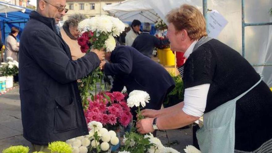 Un hombre compra flores en el mercadillo de Difuntos, ayer, en la plaza da Ferrería. // Rafa Vázquez