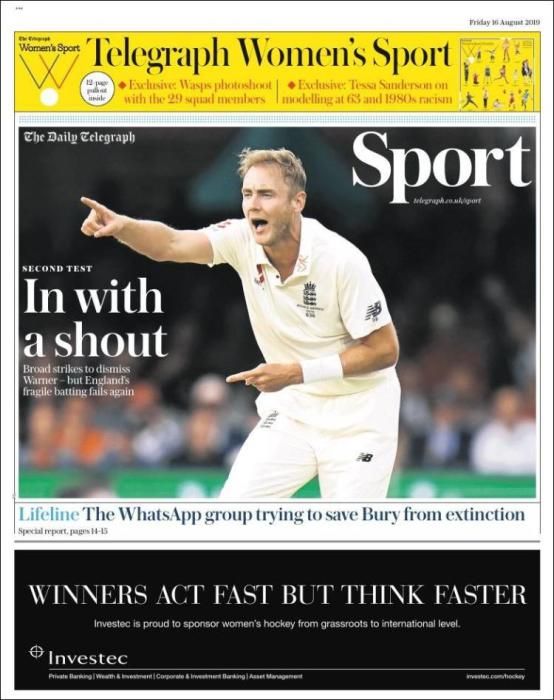 Portada TELEGRAPH SPORT viernes 16 agosto 2019