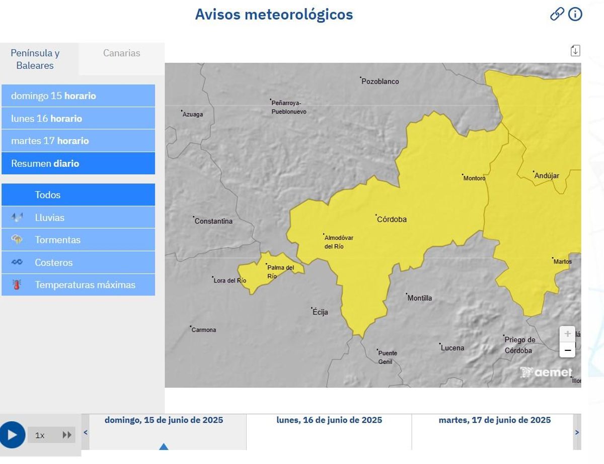 Aviso amarillo de la Aemet para la Campiña cordobesa hoy domingo, 15 de junio.