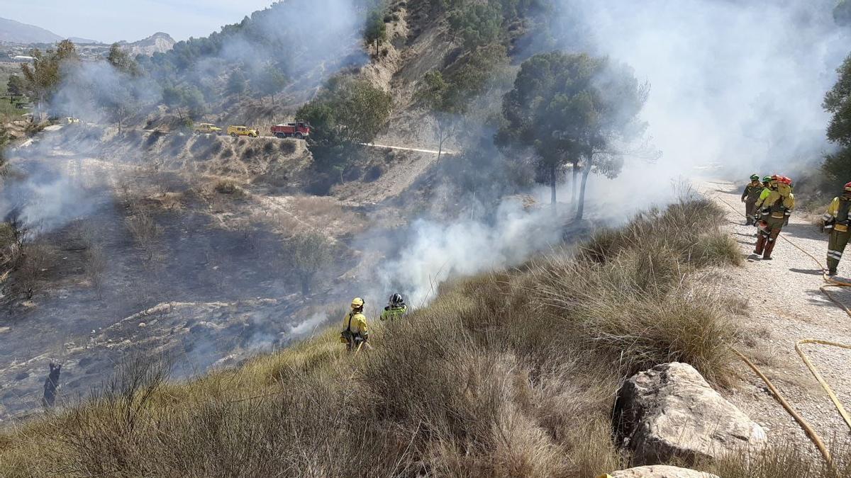 Los efectivos trabajan en la extinción del incendio junto al monte La Atalaya de Cieza.