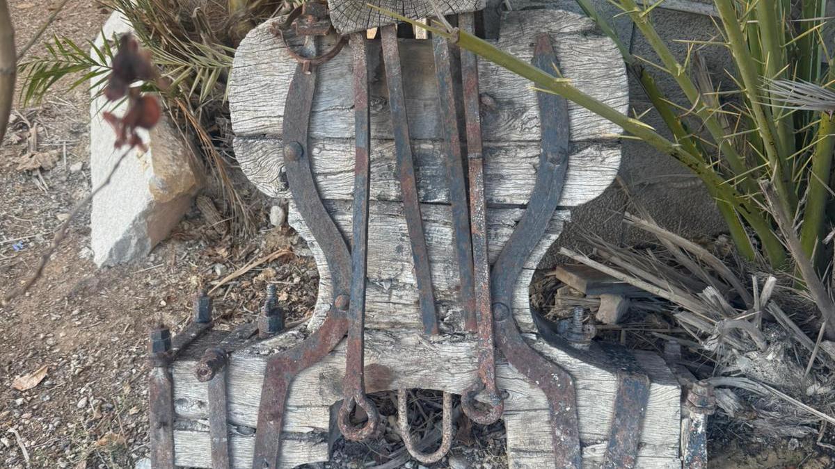 El yugo encontrado en la finca ‘La Cabaña’, en la huerta de Torreagüera, antes de su restauración.