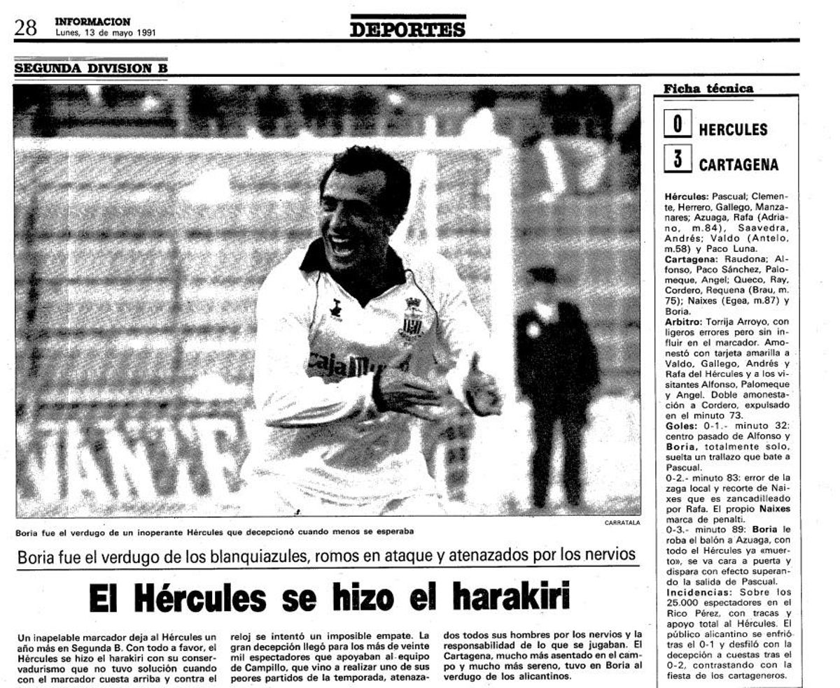 El 12 de mayo de 1991, el Cartagena le negó al Hércules el play-off con una goleada 0-3.