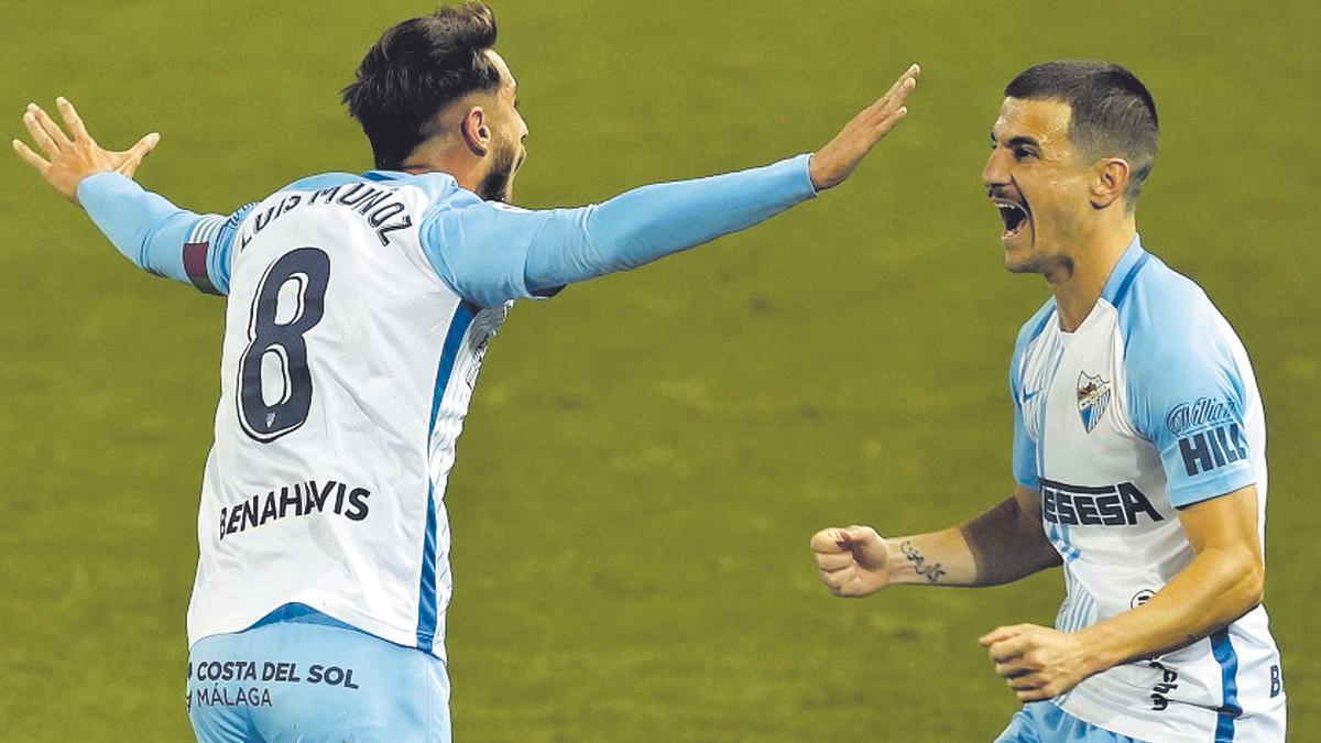 Imagen de la celebración del 2-0 ante el Rayo, firmado por el capitán Luis Muñoz.
