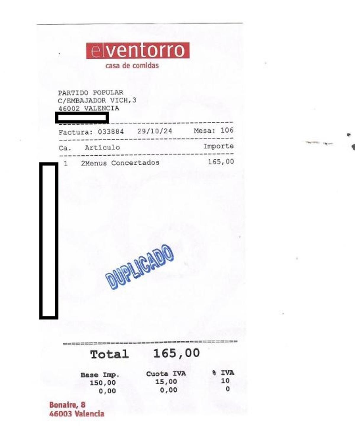 Factura de la comida de Carlos Mazón y Maribel Vilaplana del 29 de octubre.