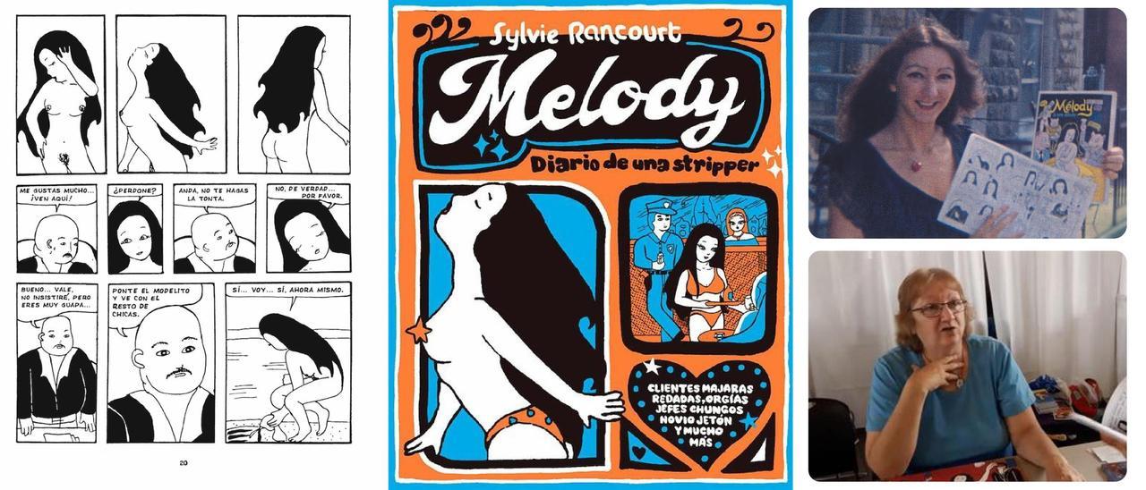 Á esquerda e centro, viñetas e portada de &quot;Melody. Diario de una stripper&quot;. Á dereita, a autora da BD Sylvie Rancourt.