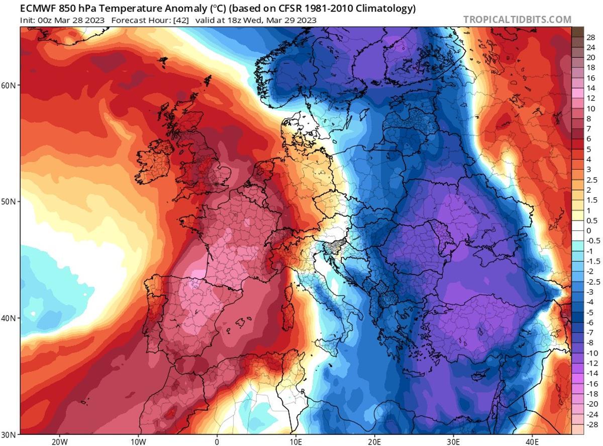 La anomalía de la temperatura prevista para las últimas horas de este miércoles.