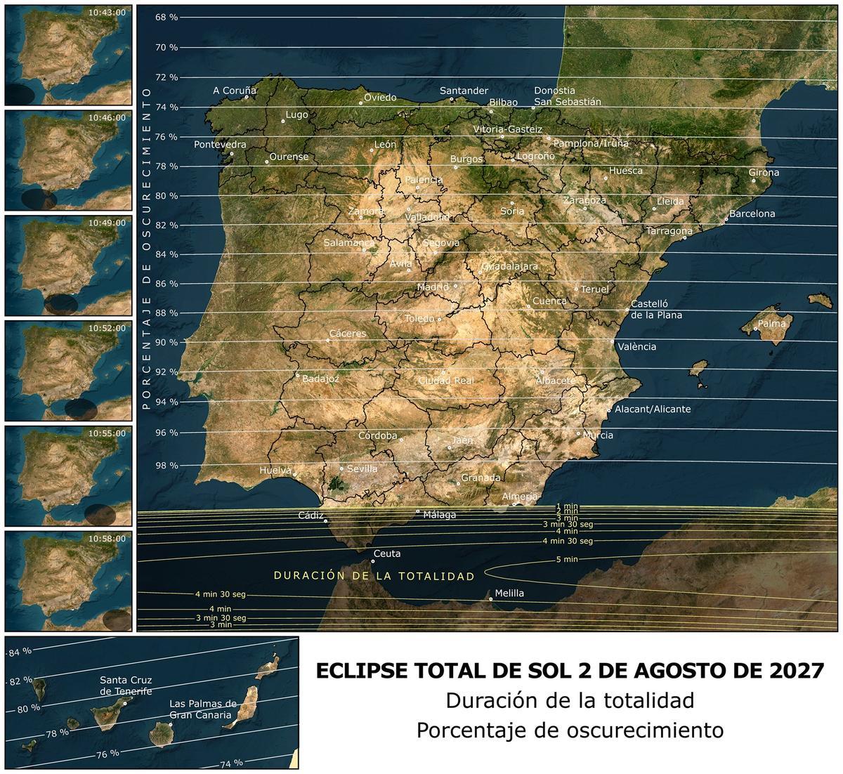 Zonas del eclipse del 2 de agosto de 2027.