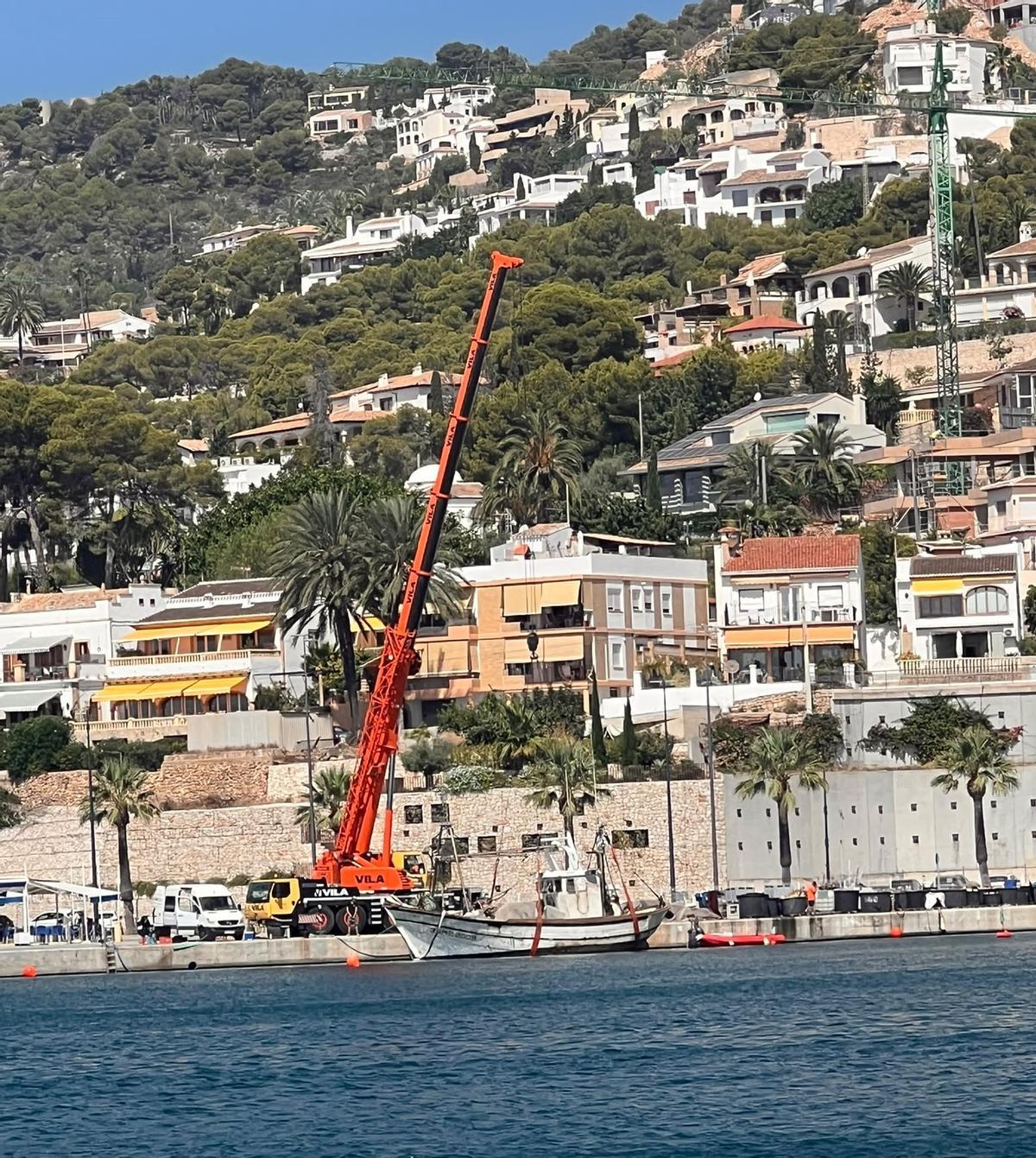 Una gran grúa ha sacado del fondo del puerto el pesquero