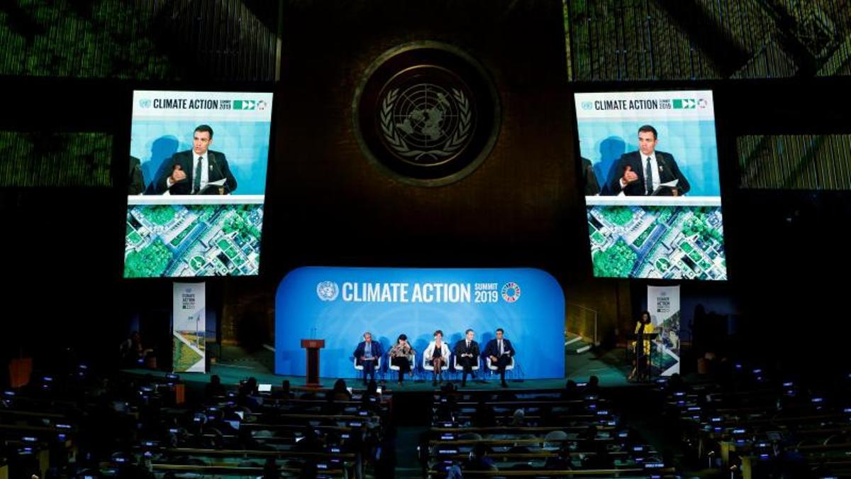 El presidente del Gobierno, Pedro Sánchez, durante su intervención en el panel 'Climate Action', en el marco de la apertura del 74º periodo de sesiones de la Asamblea General de Naciones Unidas, el 23 de septiembre de 2019.