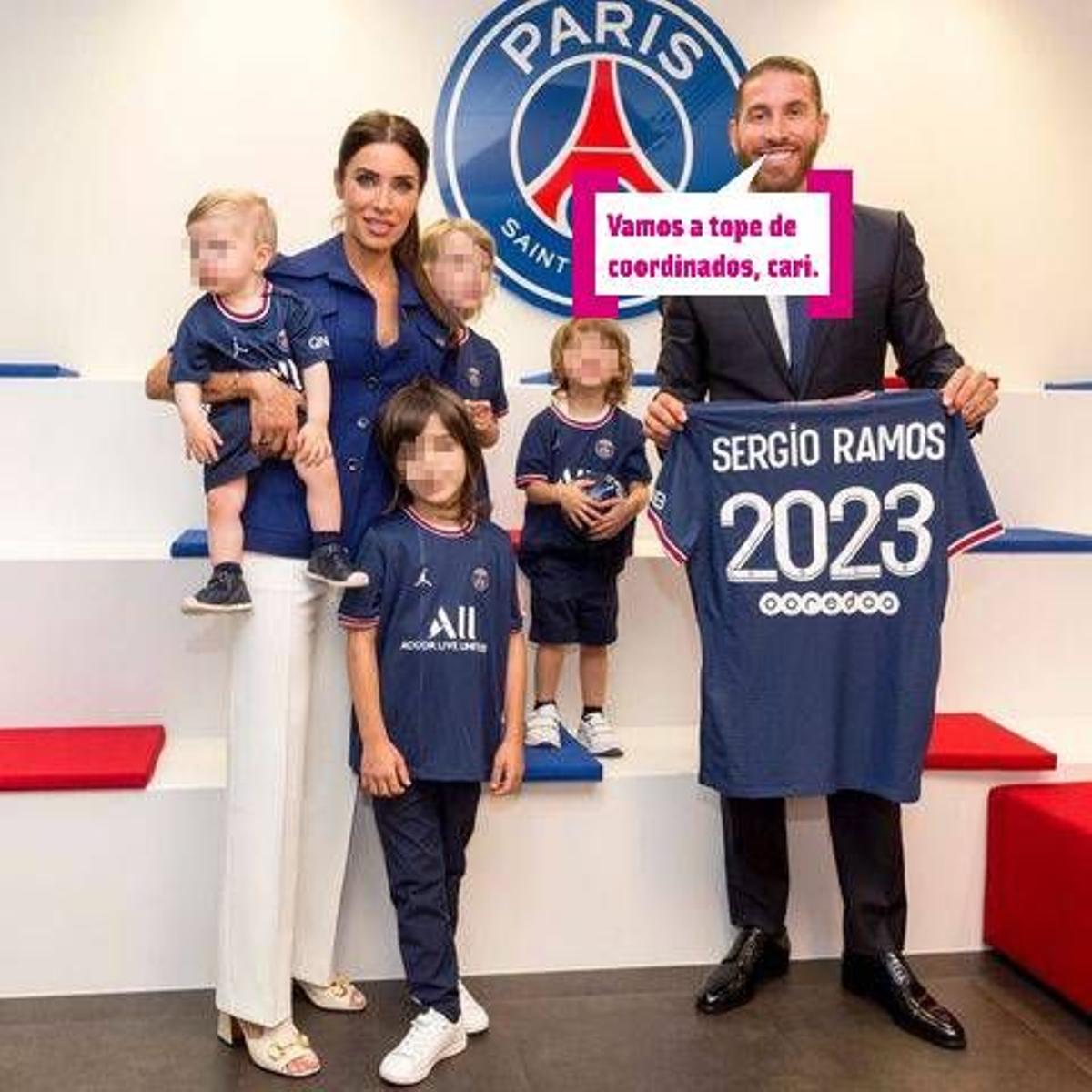 Sergio Ramos, Pilar Rubio y sus hijos en la presentación del PSG