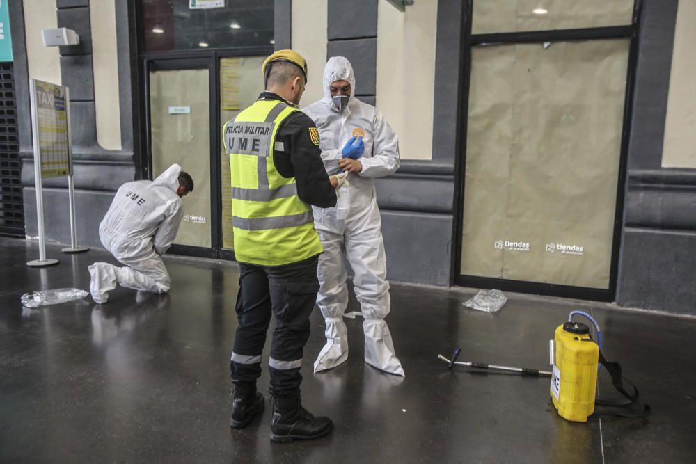 Trabajos de la UME en la Estacion de Renfe, Luceros y Hospital General de Alicante