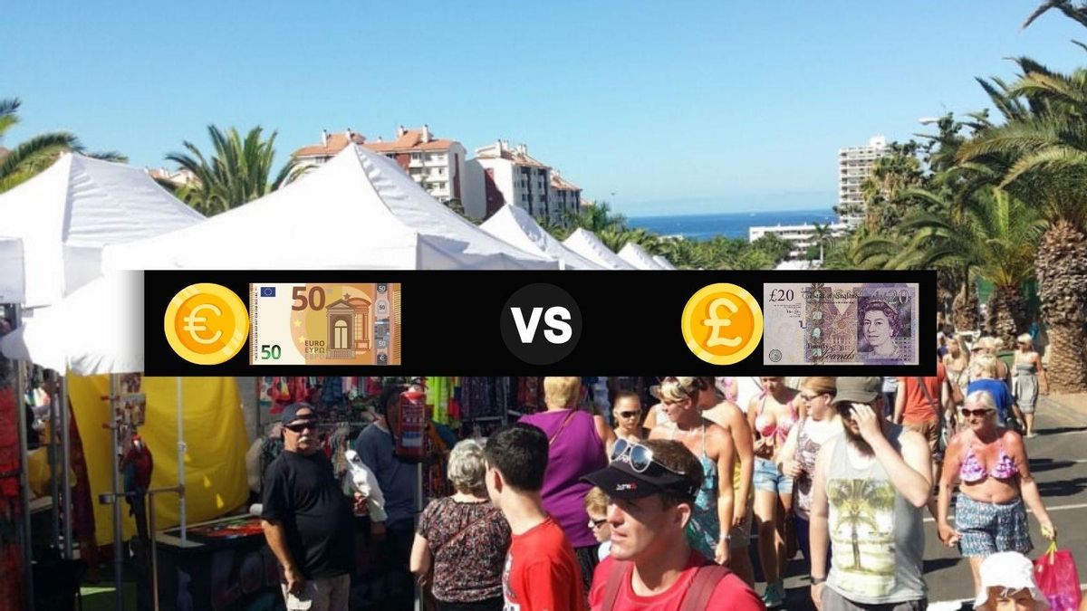 Fotomontaje con símbolos del Euro y de la Libra con un mercadillo en el sur de Tenerife de fondo