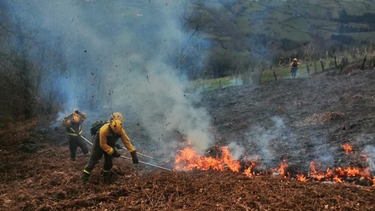 Bomberos de la brif de Tineo durante la extinció.