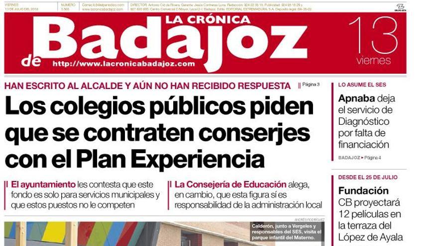 Esta es la portada de LA CRÓNICA DE BADAJOZ correspondiente al día 13 de julio del 2018