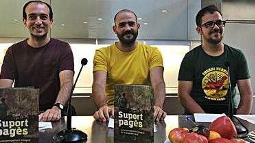 Per l&#039;esquerra, Pol Huguet, Pere Bitriu i Uriel Montesinos, en la presentació de Suport pagès a Món Sant Benet