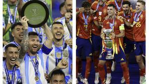 Lionel Messi y Álvaro Morata levantan el trofeo de campeón de américa y campeón de Europa, respectivamente. 