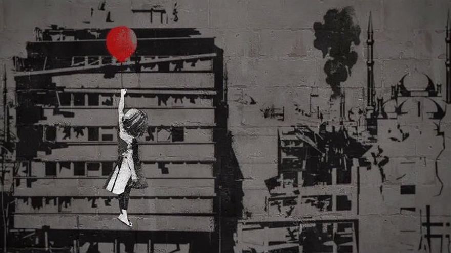 Corto de la nueva versión del famoso mural 'Niña con el globo', que el artista británico Banksy ha cedido a la agrupación de oenegé #WithSyria
