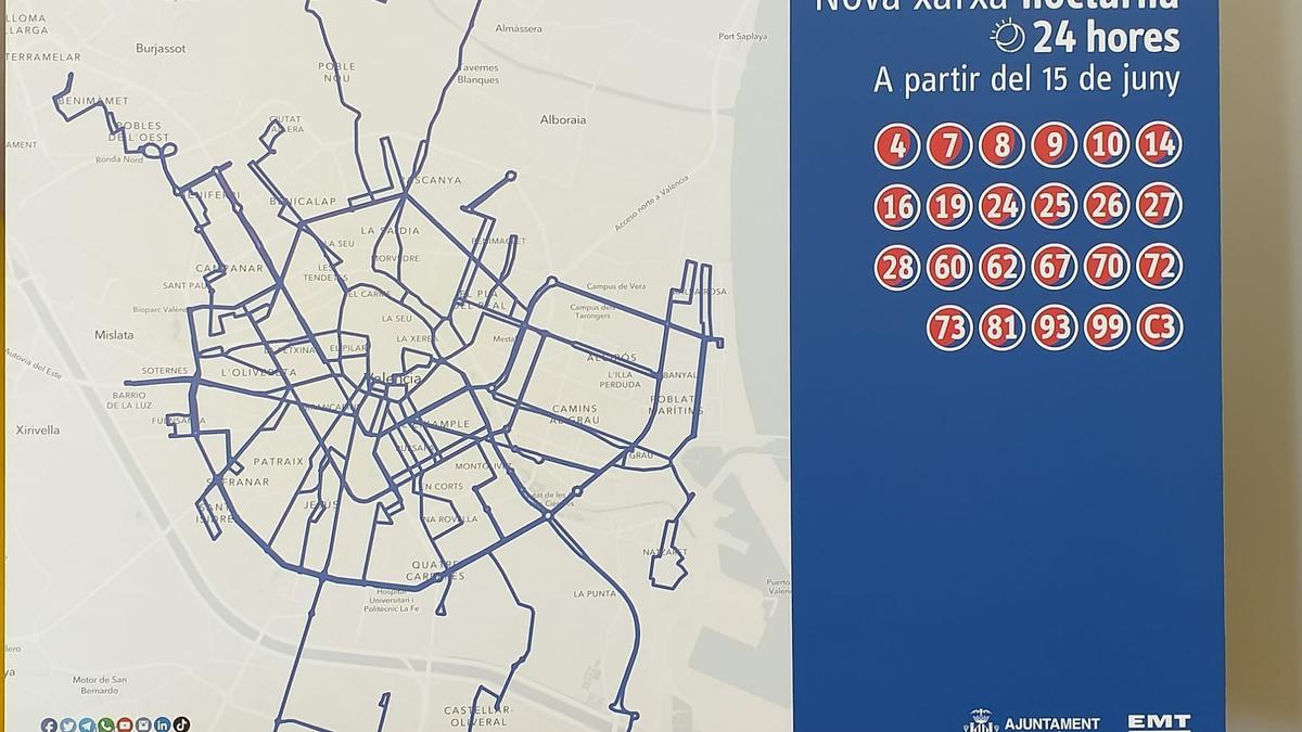 Detalle del mapa con las nuevas líneas de la EMT que componen la red nocturna.