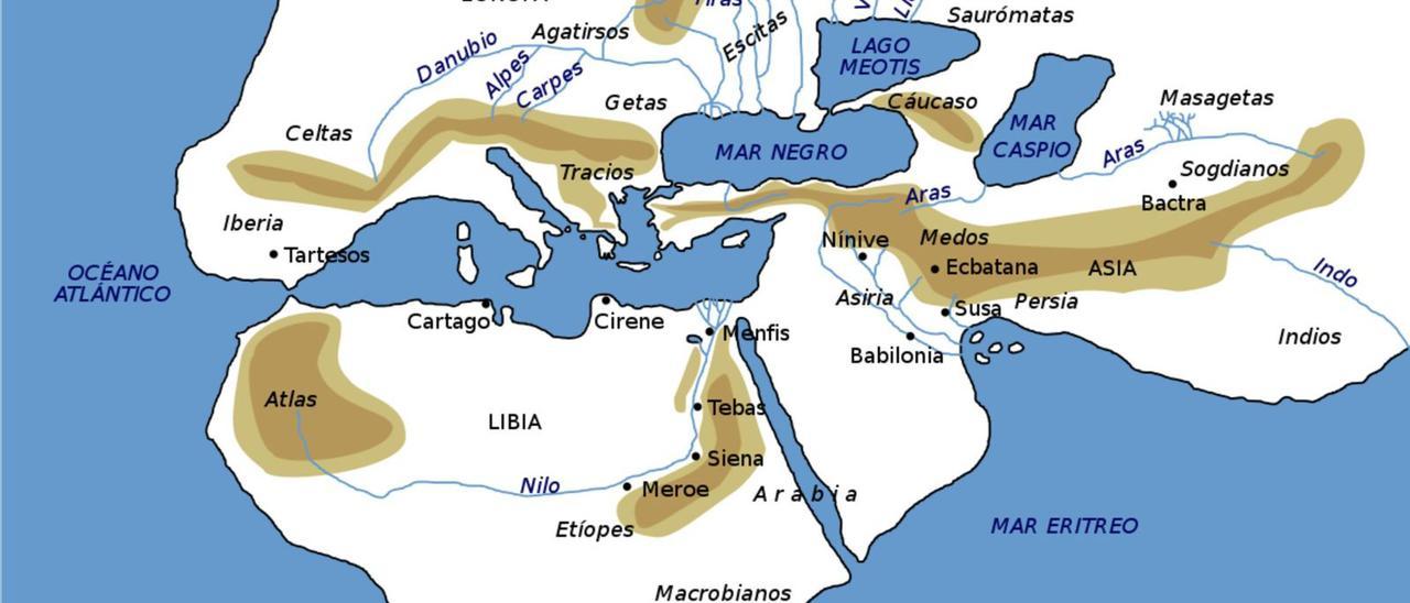 Reconstrución do mapa da &#039;Ecúmene&#039; de Heródoto (ca.450 a.C.).