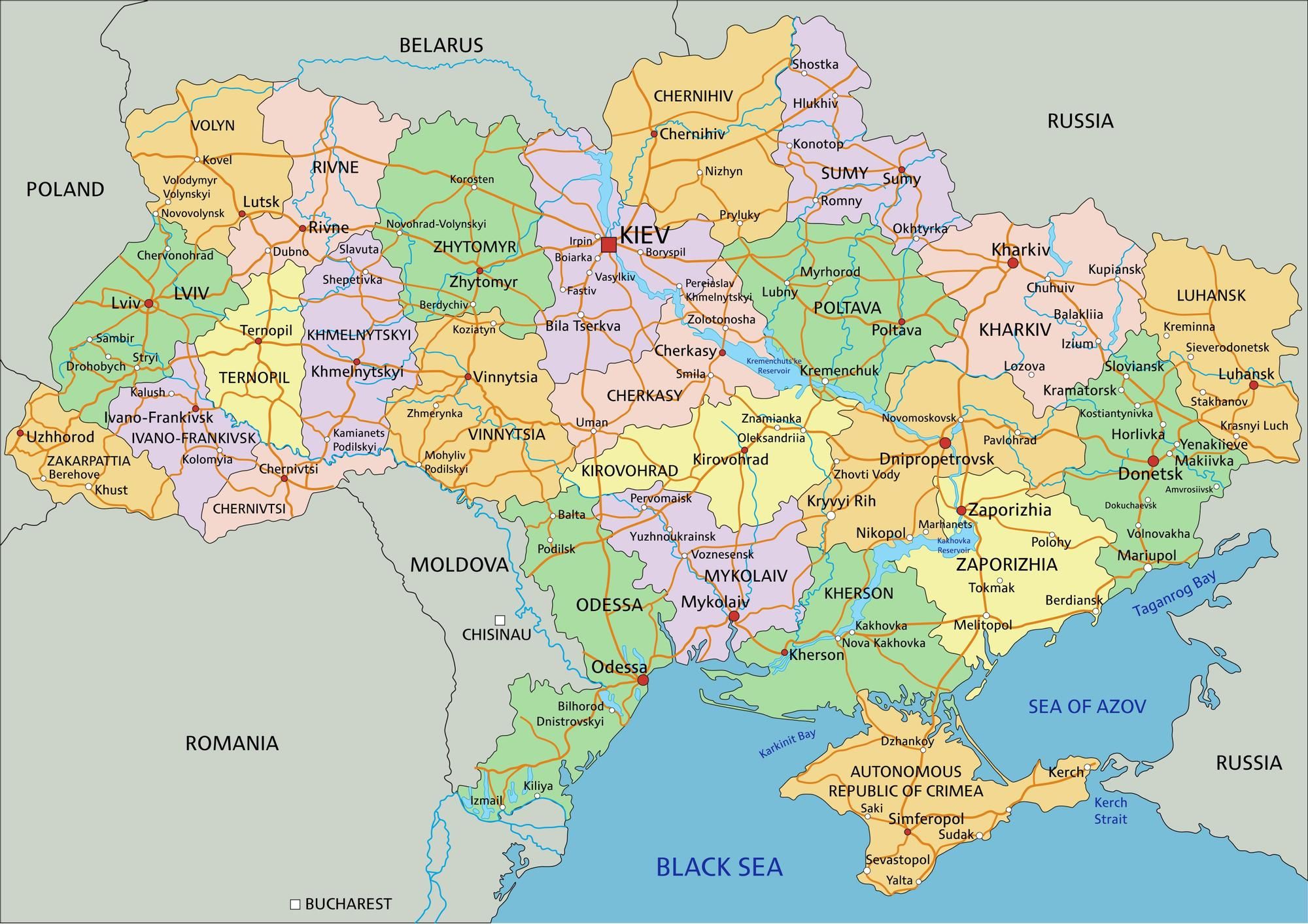 Mapa político de Ucrania: las provincias orientales de Luhansk y Donetsk están bajo control ruso, así como Crimea, mientras la presión actual se centra sobre Kharkiv.
