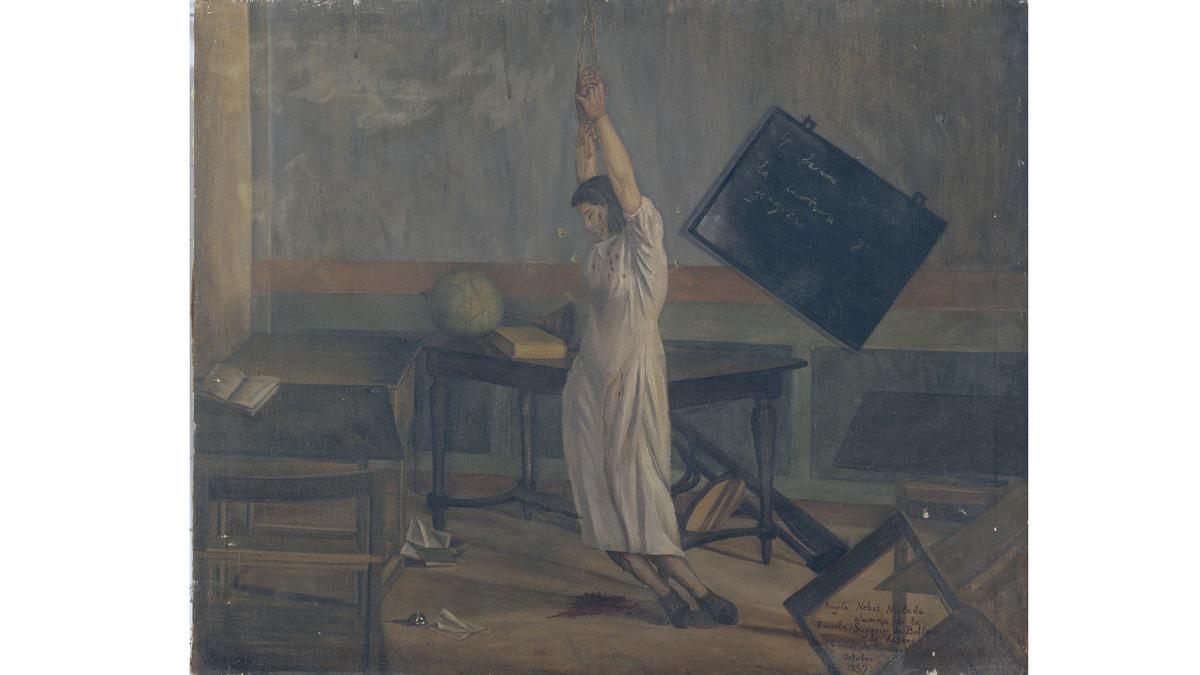 ’Santa Cultura, màrtir del feixisme’, obra de 1937 de Àngela Nebot, donde pinta una alegoría de una maestra colgada y fusilada en un aula. 
