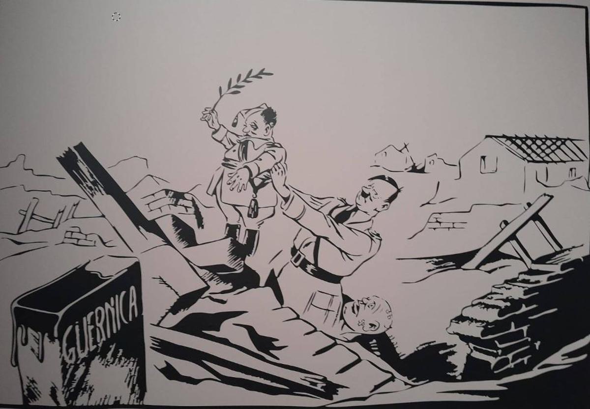 Hitler i un masegat Mussolini, sostenen Franco sobre les ruïnes de Gernika.