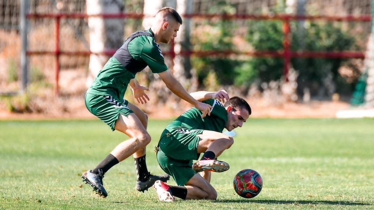 Los jugadores del Elche entrenando en el polideportivo de Altabix