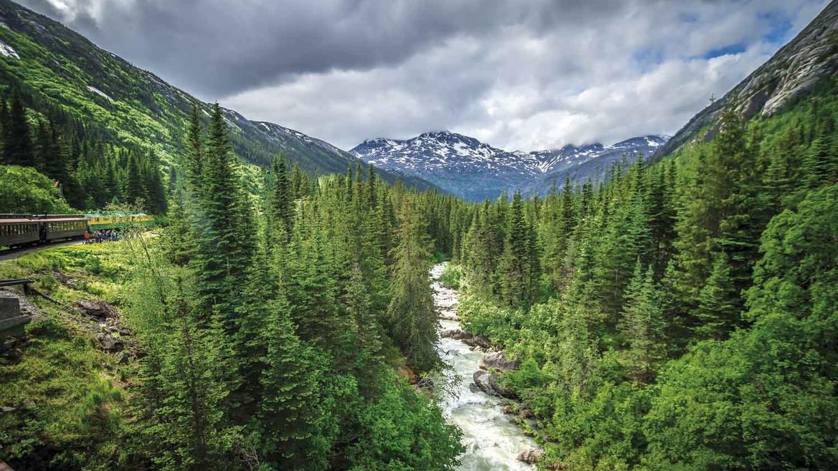 The White Pass and Yukon Route on train passing through vast landscape