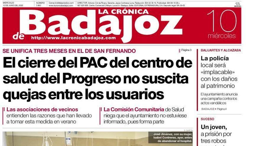 Esta es la portada de LA CRÓNICA DE BADAJOZ correspondiente al día 10 de junio del 2020