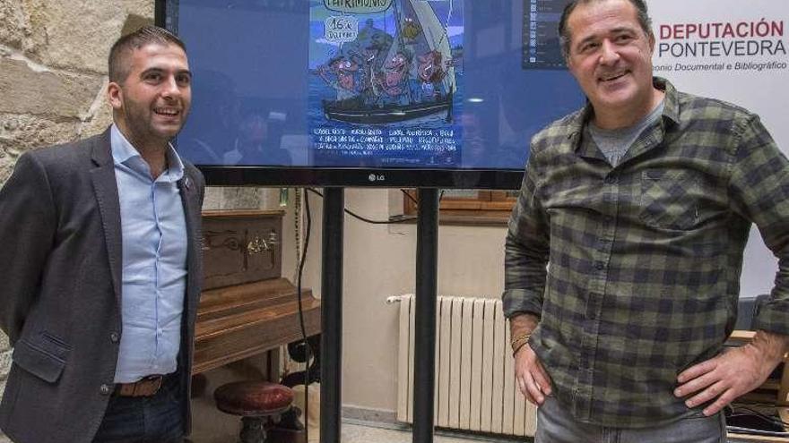 Xosé Leal y Luis Davila con el cartel que diseñó el artista.