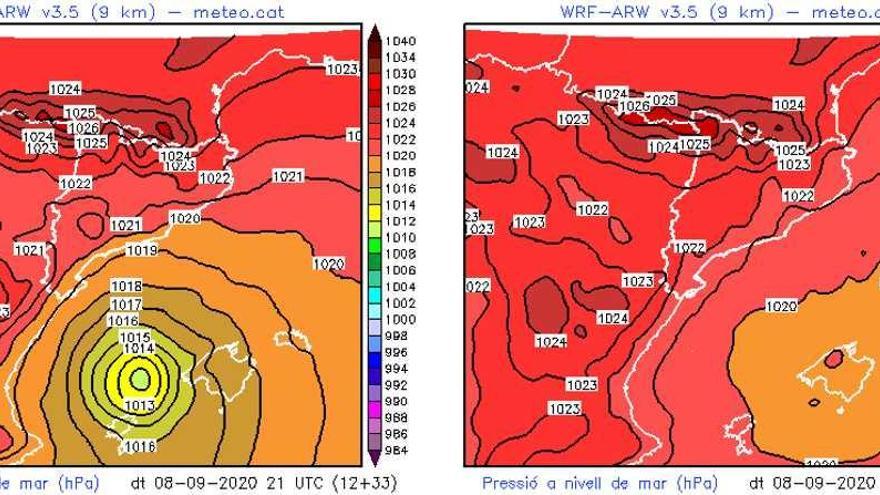 Mapes de pressió a nivell de mar (hPa) del model WRF de 9 km, es pot veure com ha canviat la predicció de la posició i l&#039;aprofundiment de la baixa entre la sortida de dilluns a la tarda i la de dimarts al matí