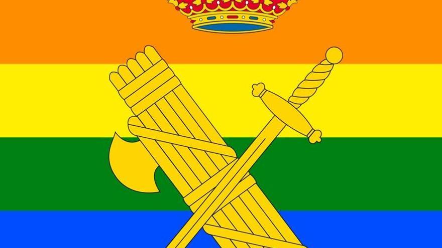 La Guardia Civil coloca su escudo sobre la bandera del Orgullo LGTBI.