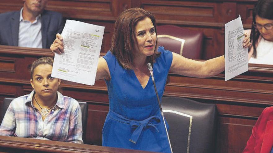 La consejera de Sanidad, María Teresa Cruz Oval, muestra las actas de las mesas sectoriales, ayer en el Parlamento de Canarias.