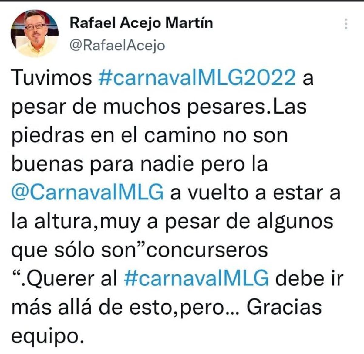 Pantallazo de un mensaje en Twitter del presidente de la Fundación Rafael Acejo, antes de darse de baja en la red social.