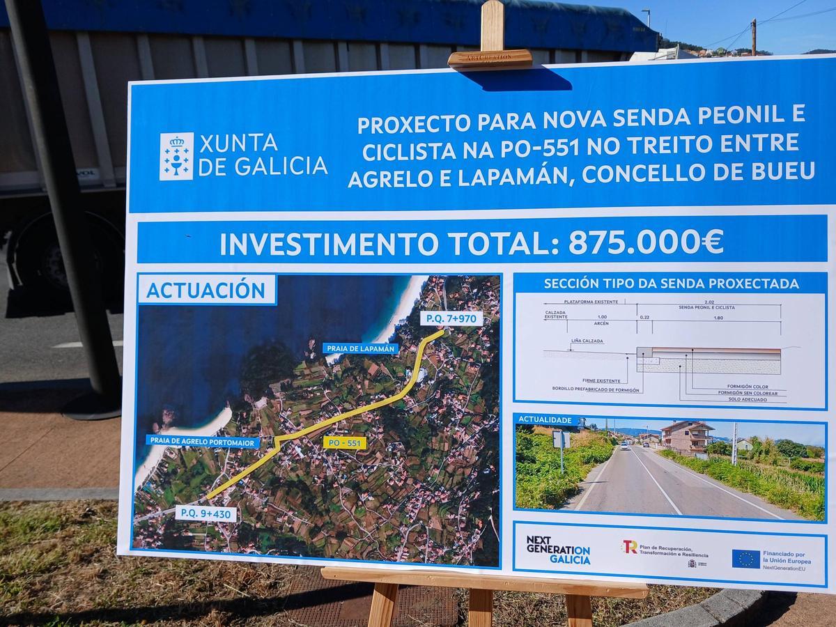 El cartel y el plano de la senda peatonal prevista entre Lapamán y Portomaior, que se presentó este jueves en Bueu.