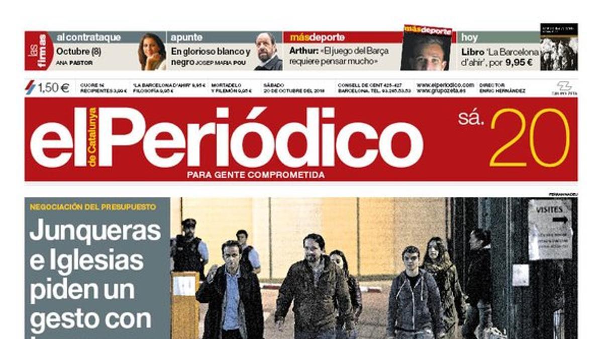 La portada de EL PERIÓDICO DE CATALUNYA del 20 de octubre del 2018