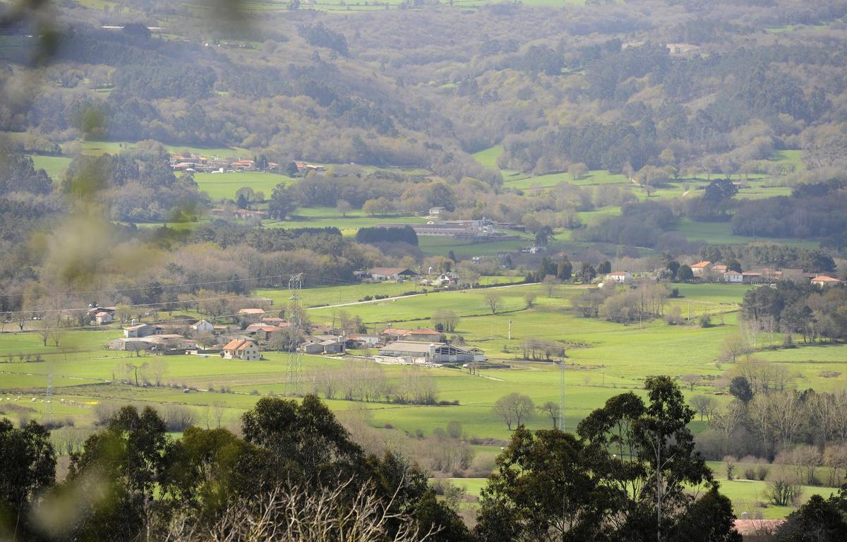 SILLEDA. PRIMAVERA VISTA VALLE VAL DE ESCUADRO CON FLORES DE UN CIRUELO ARBOLES FRUTALES EN PRIMER PLANO ZONA RURAL NUCLEOS CASAS POBLACION ALDEAS
